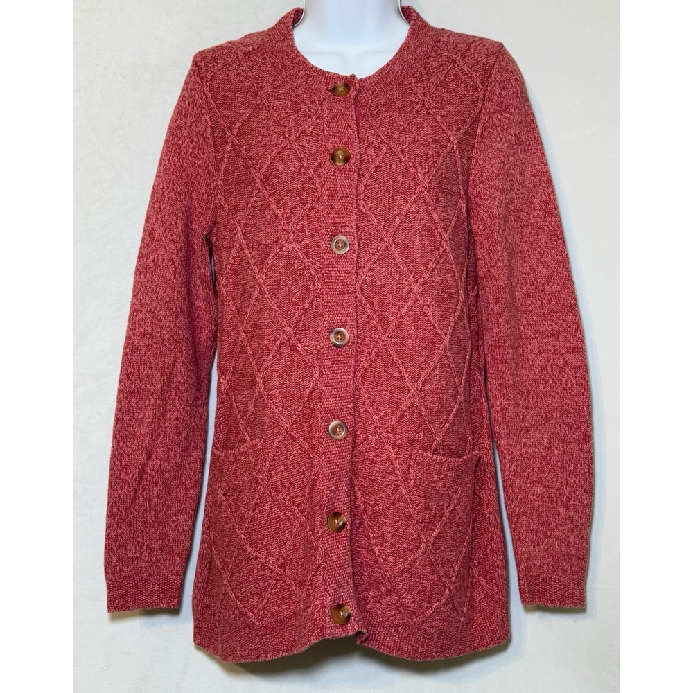 LL Bean Women's Small Long Sleeve Red Argyle Knit Button Front Cardigan Sweater